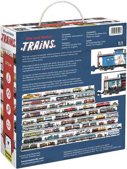 Banana Panda Mix & Match Puzzle Trains | 54 Double-Sided Pieces + Educational Poster | Creative Train Puzzle Toy for Kids Age 5+ | Build Your Own Trains | Explore Interiors & Engineered Fun