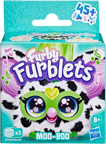 Furby Furblets Moo-Boo Mini Friend, Electronic Plush Toys for Girls & Boys 6+, Cow, Black & White, Speaks Furbish & Plays Music, Series 4