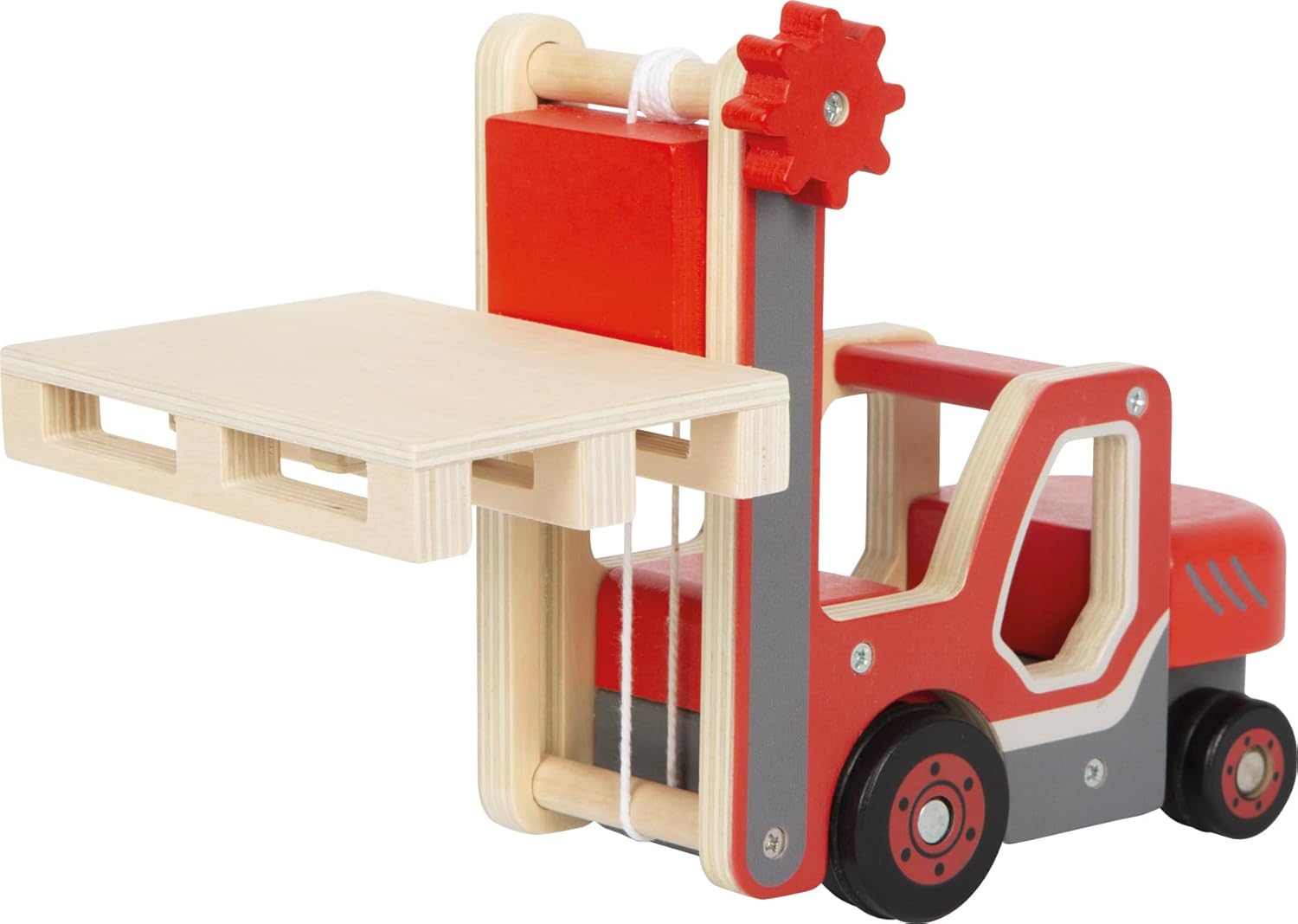 small foot vorkheftruck met pallet van hout, met beweegbare vork en kabellier, speelvoertuig voor kinderen vanaf 2 jaar, 12636