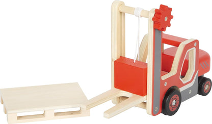 small foot vorkheftruck met pallet van hout, met beweegbare vork en kabellier, speelvoertuig voor kinderen vanaf 2 jaar, 12636