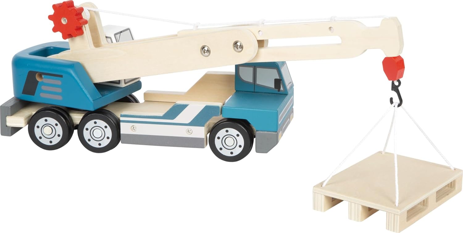 small foot kraanwagen met pallet van hout, speelvoertuig voor kinderen, met 360° draaibare kraan en accessoires, vanaf 2 jaar, 12639