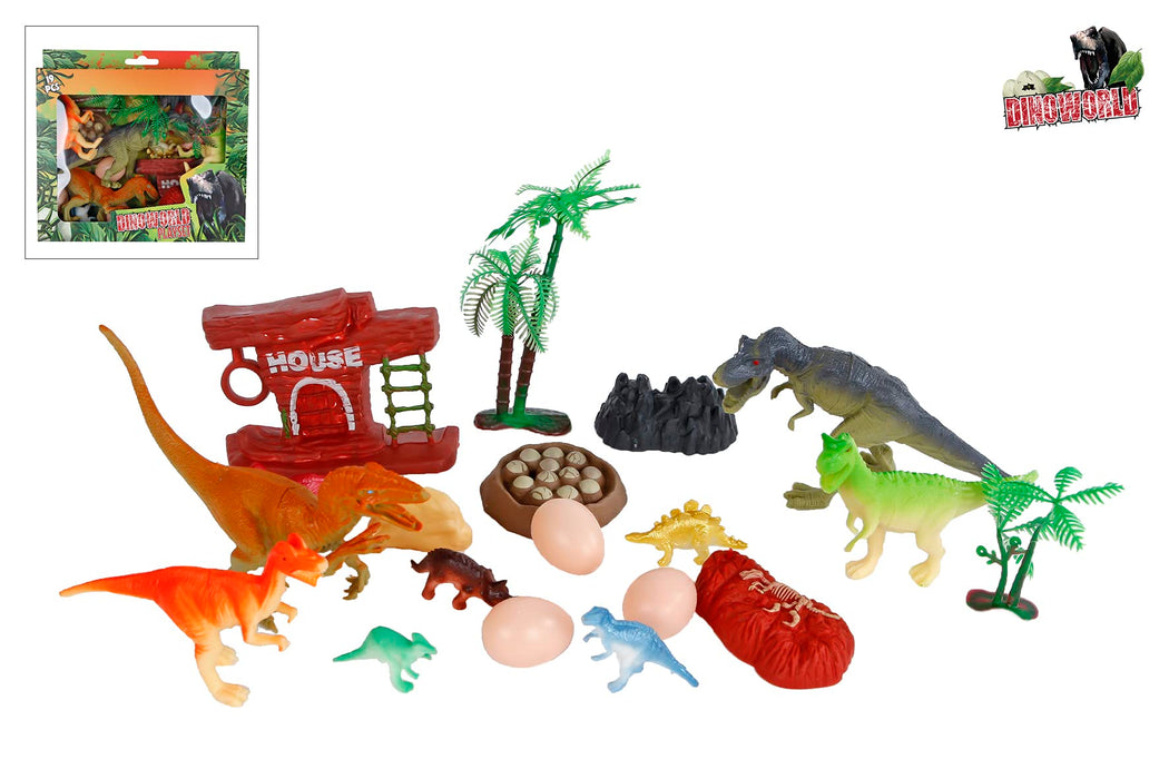 Dinoworld 570402 Speelset (dino-figuren en accessoires, 19-delig, met figuren, bomen, stenen, dinosauruseieren