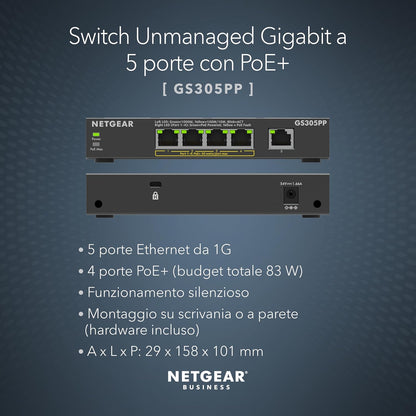 NETGEAR 5 porte, Gigabit Ethernet non gestito GS305PPV2, Switch PoE, con 4 x PoE+, 83W, montaggio a parete o da tavolo