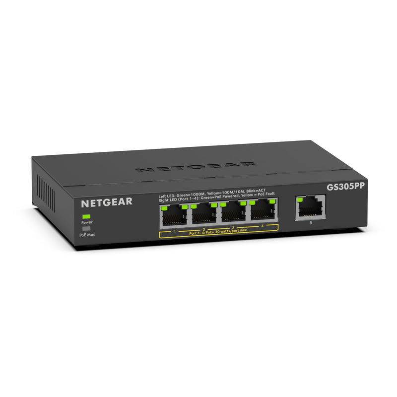 NETGEAR 5 porte, Gigabit Ethernet non gestito GS305PPV2, Switch PoE, con 4 x PoE+, 83W, montaggio a parete o da tavolo