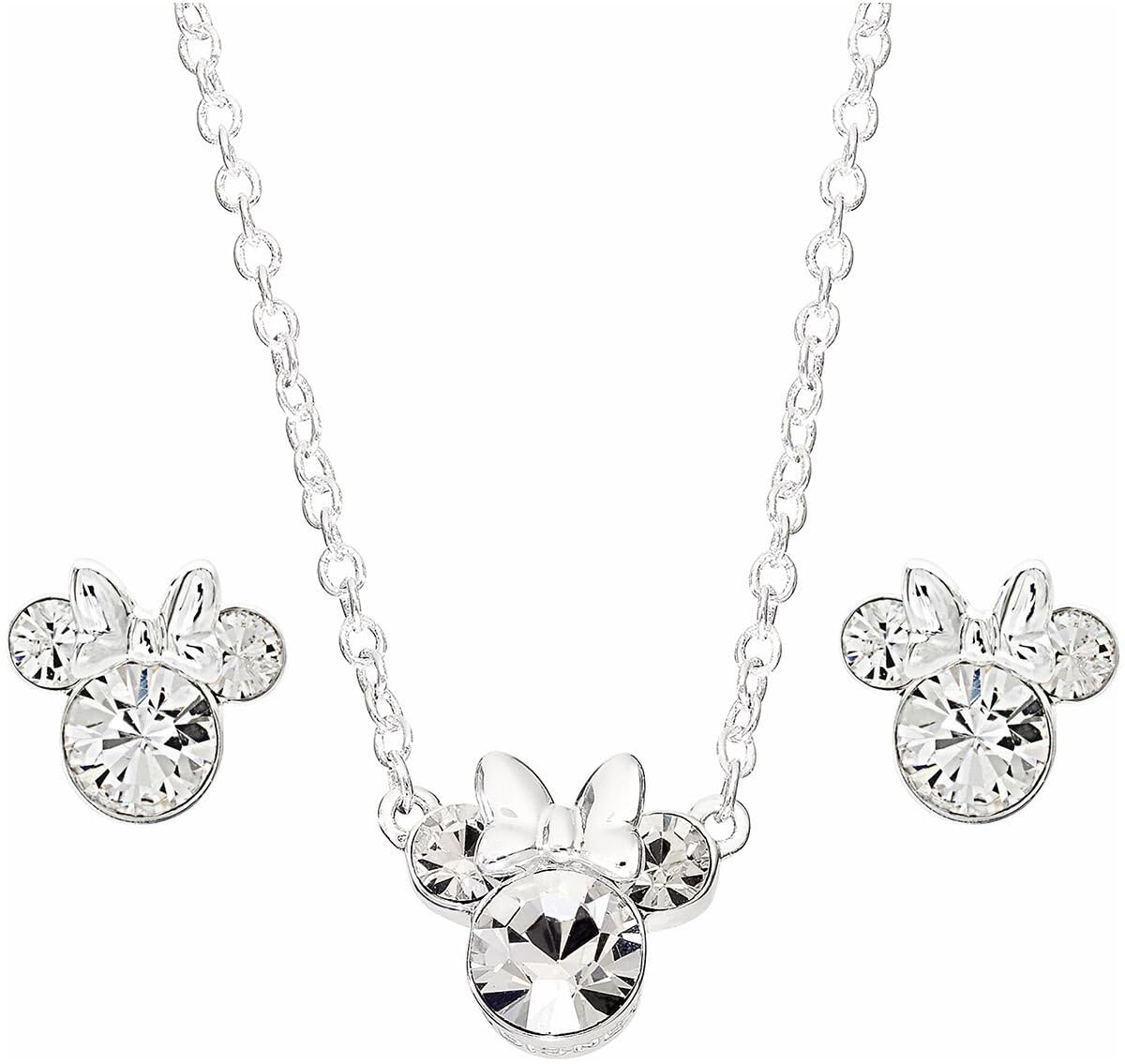 Disney - Minnie Mouse Silver Plated Brass and Clear Crystal Necklace and Stud Earring Set