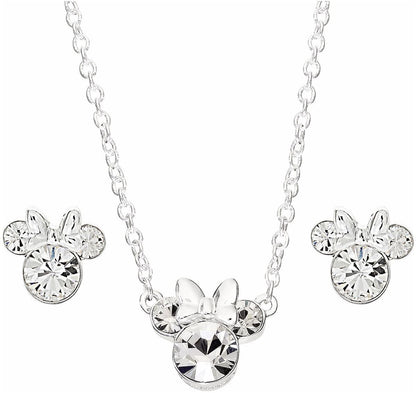 Disney - Minnie Mouse Silver Plated Brass and Clear Crystal Necklace and Stud Earring Set