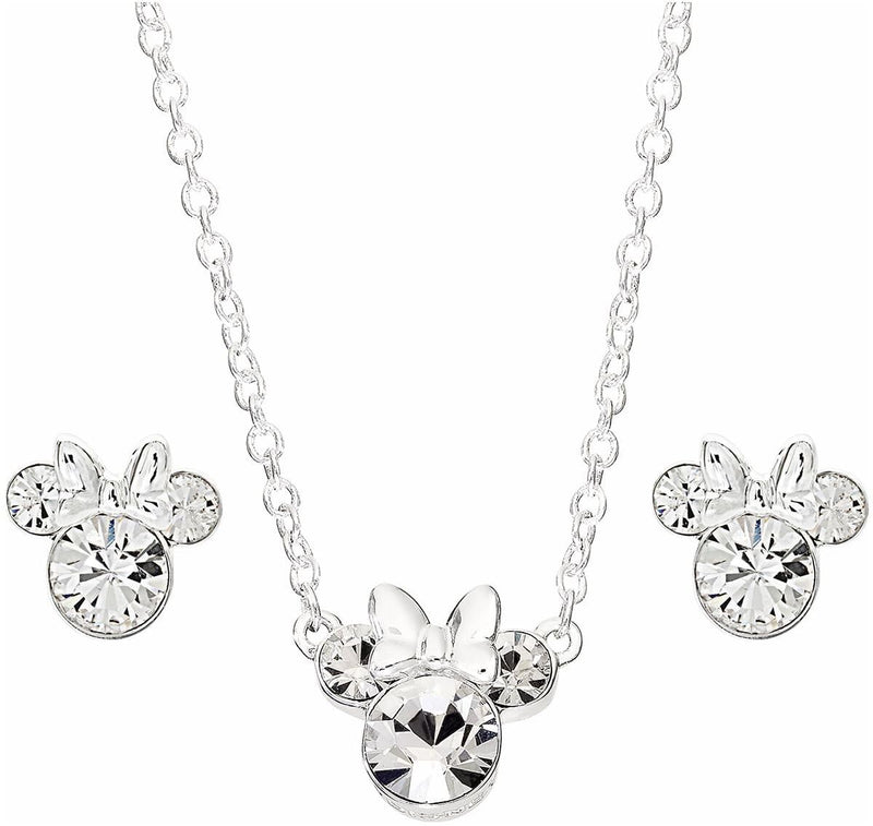 Disney - Minnie Mouse Silver Plated Brass and Clear Crystal Necklace and Stud Earring Set