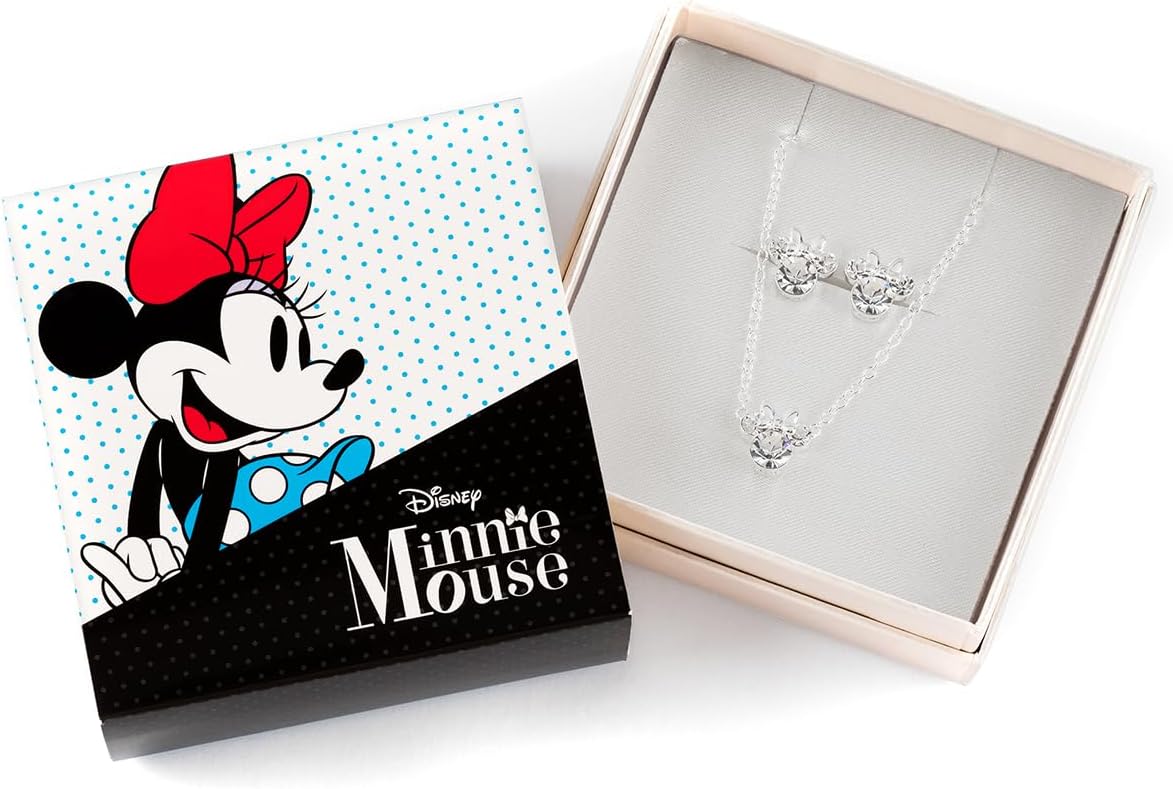 Disney - Minnie Mouse Silver Plated Brass and Clear Crystal Necklace and Stud Earring Set