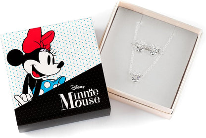 Disney - Minnie Mouse Silver Plated Brass and Clear Crystal Necklace and Stud Earring Set