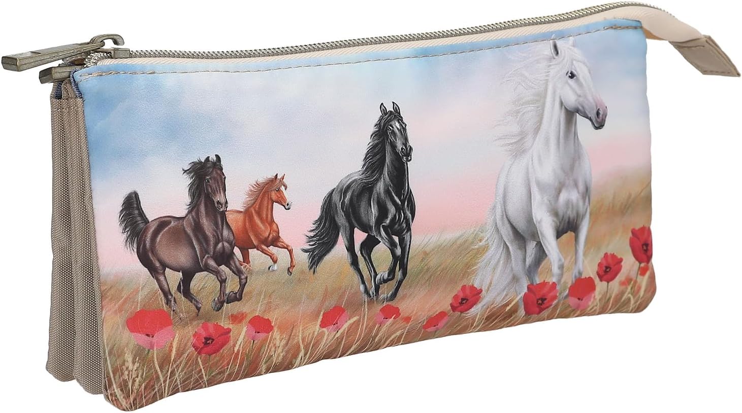 Depesche 13342 Miss Melody Poppy Sand Pencil Case in Beige with Horse Motif and Poppies Pencil Case with 3 Inner Compartments