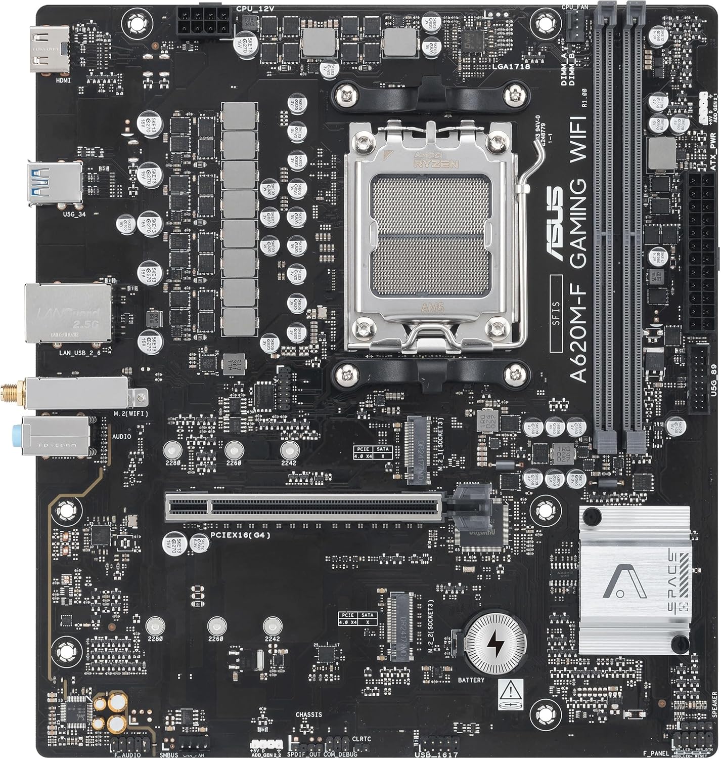 ASUS A620M-F GAMING WIFI, Scheda madre AMD mATX, DDR5, 2x M.2 PCIe 4.0, HDMI, 2.5Gb Ethernet, USB 3.2 Gen 1 Type-A, SafeSlot Core+, Q-DIMM, Q-LED Core, Q-Slot, ASUS 5X PROTECTION III, Armoury Crate