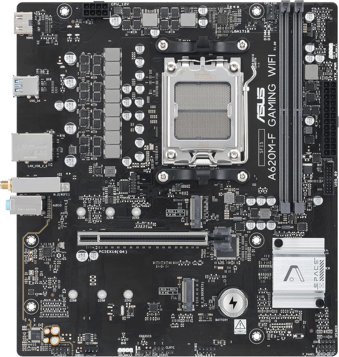 ASUS A620M-F GAMING WIFI, Scheda madre AMD mATX, DDR5, 2x M.2 PCIe 4.0, HDMI, 2.5Gb Ethernet, USB 3.2 Gen 1 Type-A, SafeSlot Core+, Q-DIMM, Q-LED Core, Q-Slot, ASUS 5X PROTECTION III, Armoury Crate