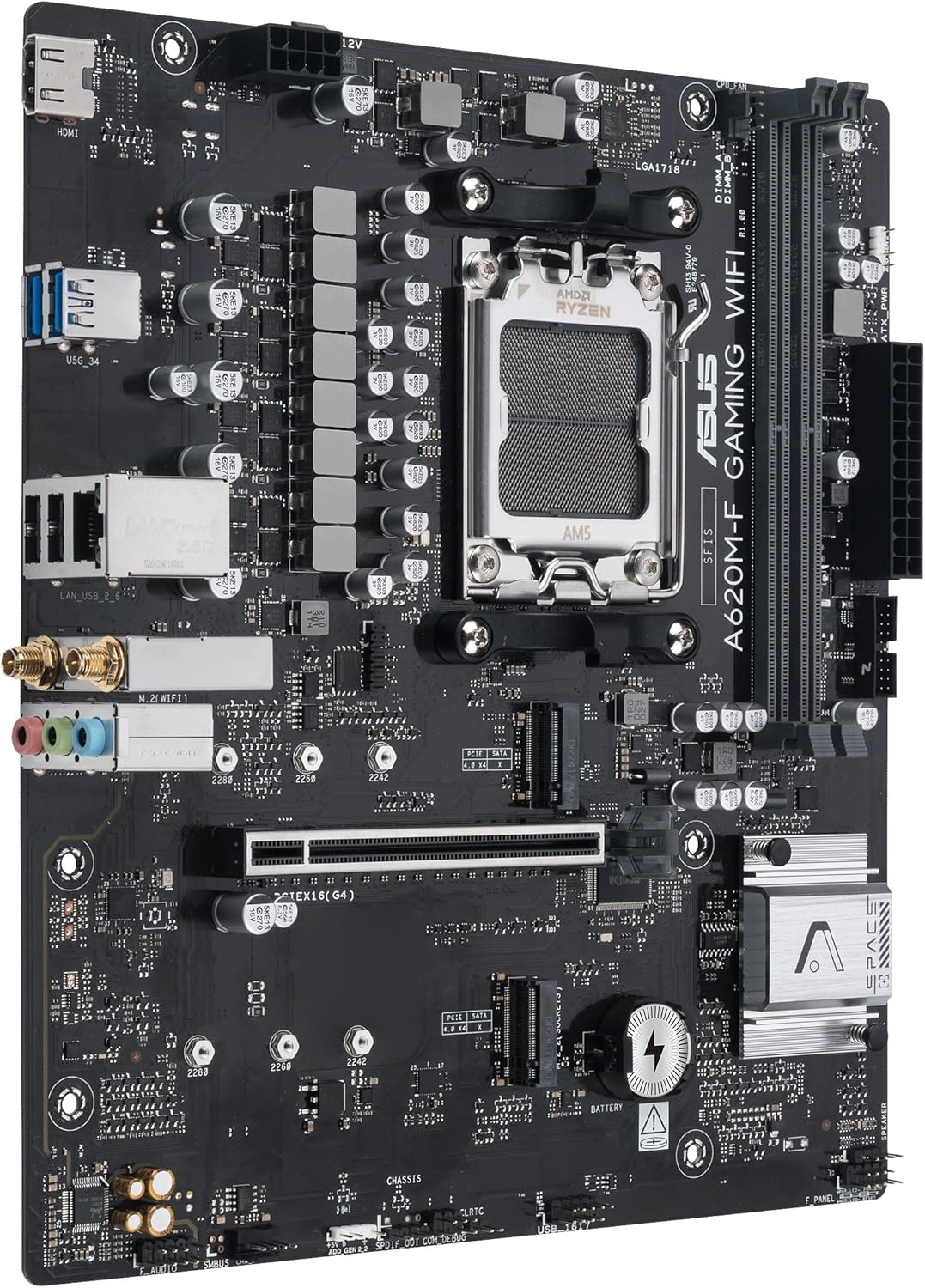 ASUS A620M-F GAMING WIFI, Scheda madre AMD mATX, DDR5, 2x M.2 PCIe 4.0, HDMI, 2.5Gb Ethernet, USB 3.2 Gen 1 Type-A, SafeSlot Core+, Q-DIMM, Q-LED Core, Q-Slot, ASUS 5X PROTECTION III, Armoury Crate