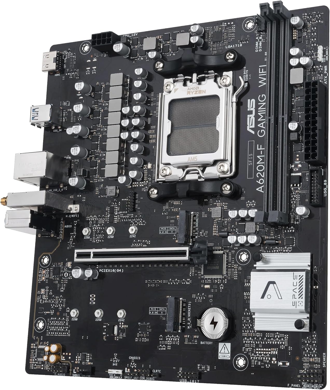 ASUS A620M-F GAMING WIFI, Scheda madre AMD mATX, DDR5, 2x M.2 PCIe 4.0, HDMI, 2.5Gb Ethernet, USB 3.2 Gen 1 Type-A, SafeSlot Core+, Q-DIMM, Q-LED Core, Q-Slot, ASUS 5X PROTECTION III, Armoury Crate