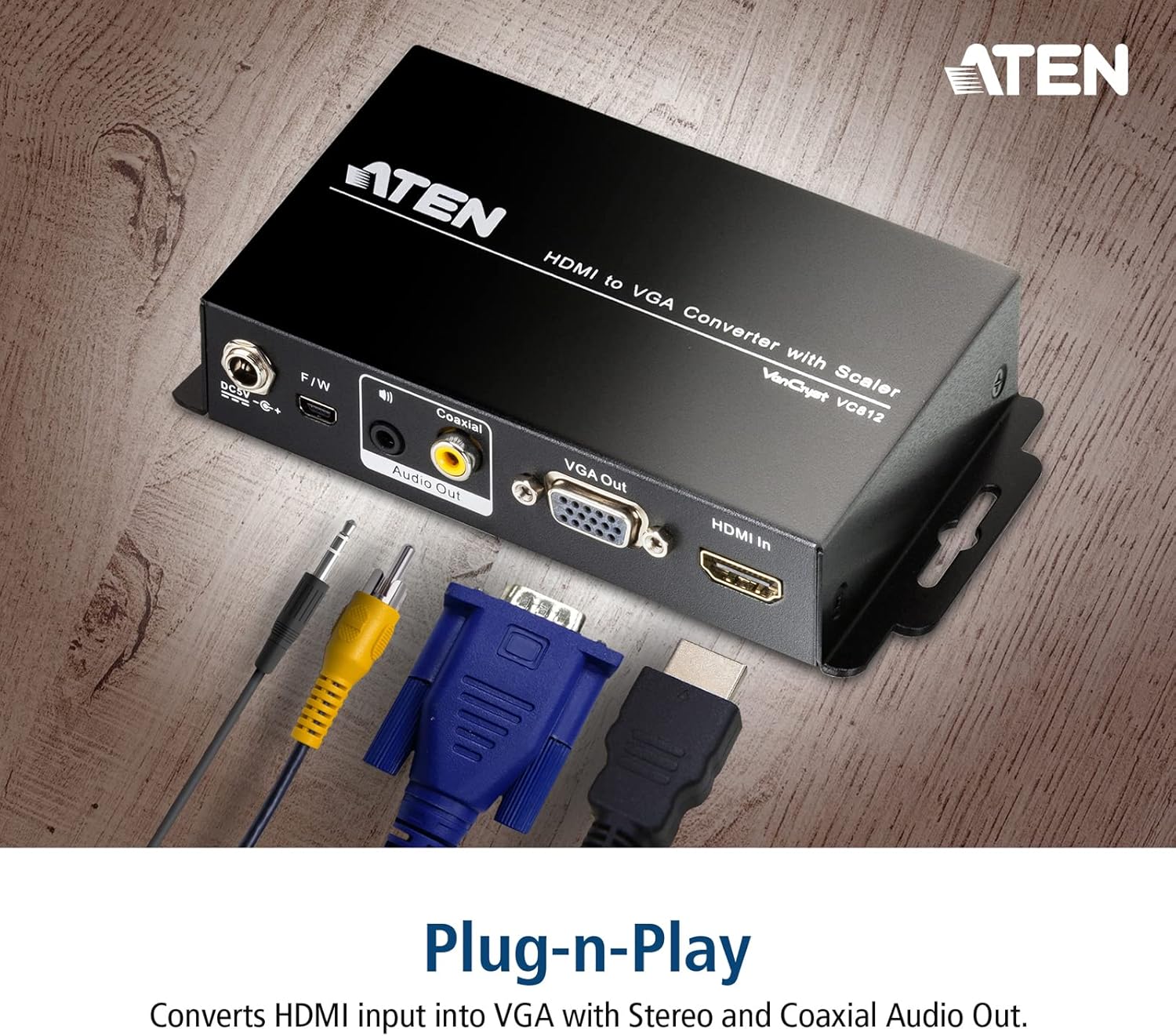 VC812 HDMI to VGA Converter with Scaler (Black) | up to 1080p; 1920 x 1200 | UK | ATEN #1 KVM Market Leader