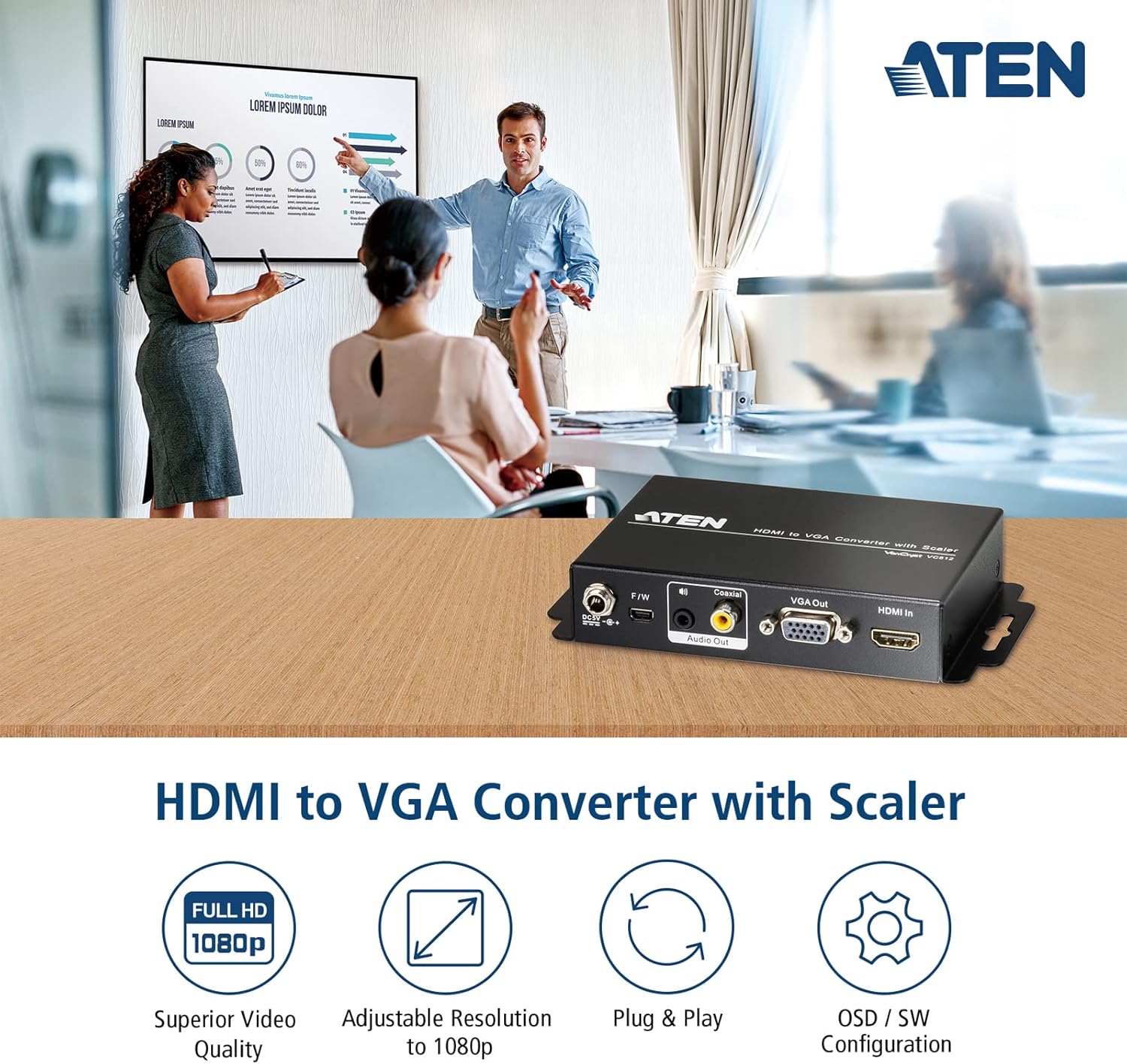 VC812 HDMI to VGA Converter with Scaler (Black) | up to 1080p; 1920 x 1200 | UK | ATEN #1 KVM Market Leader