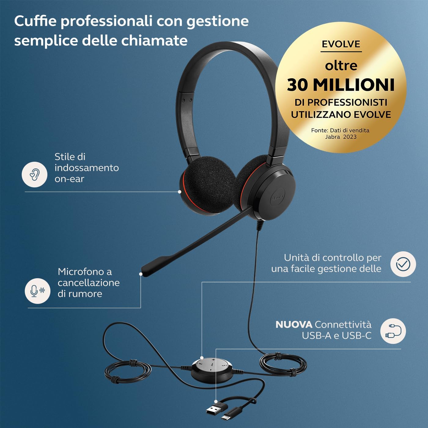 Jabra Evolve 20 Stereo Headset – Unified Communication Certified Headphones for VoIP Softphone with Passive Noise Cancellation – USB-C/A – Black