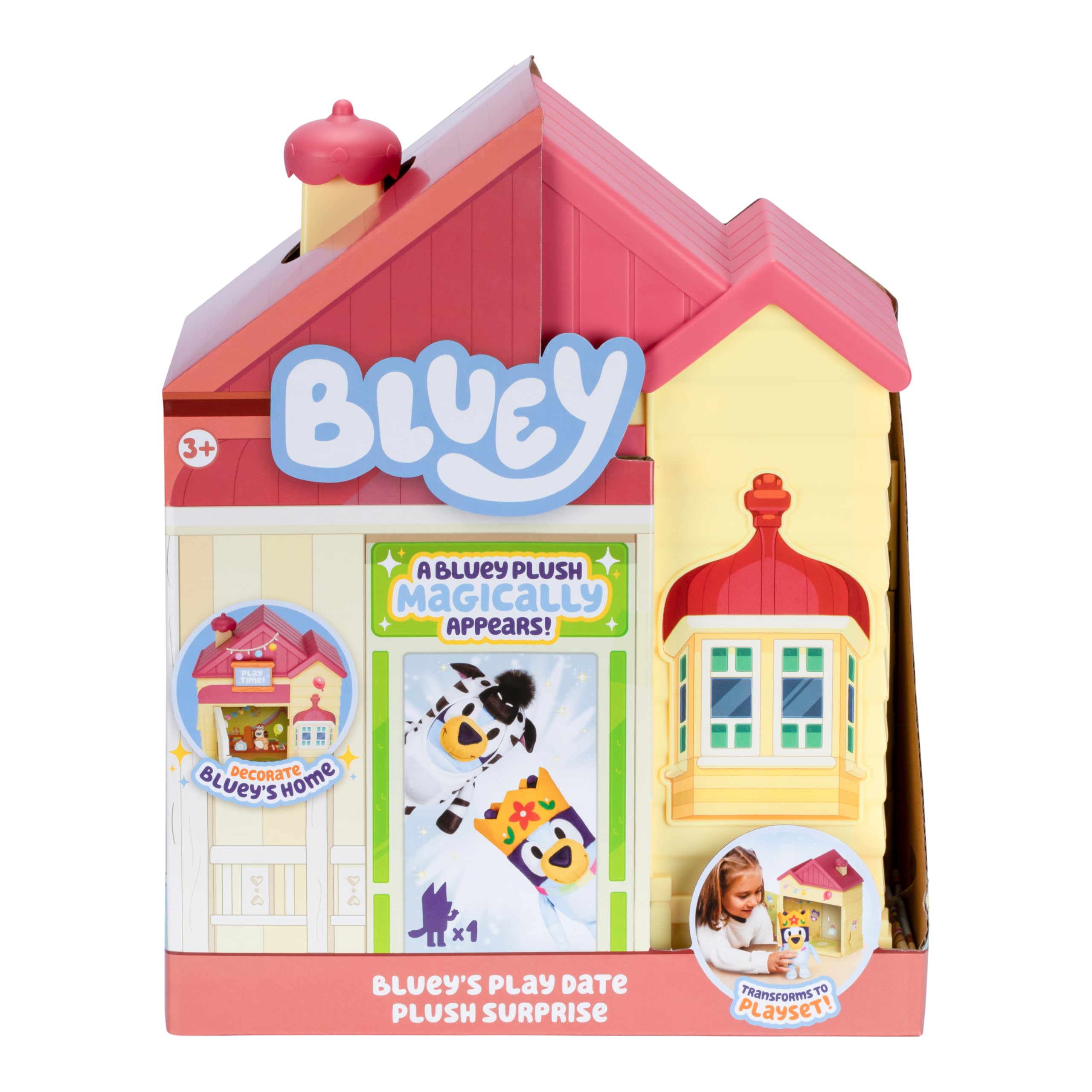 Bluey Play Date Plüsch Überraschung, Haus mit Aufklebern dekorieren, das Spielzeitschild anbringen, dann die Tür öffnen, damit ein Überraschungsplüsch erscheint, Plüschstil kann variieren