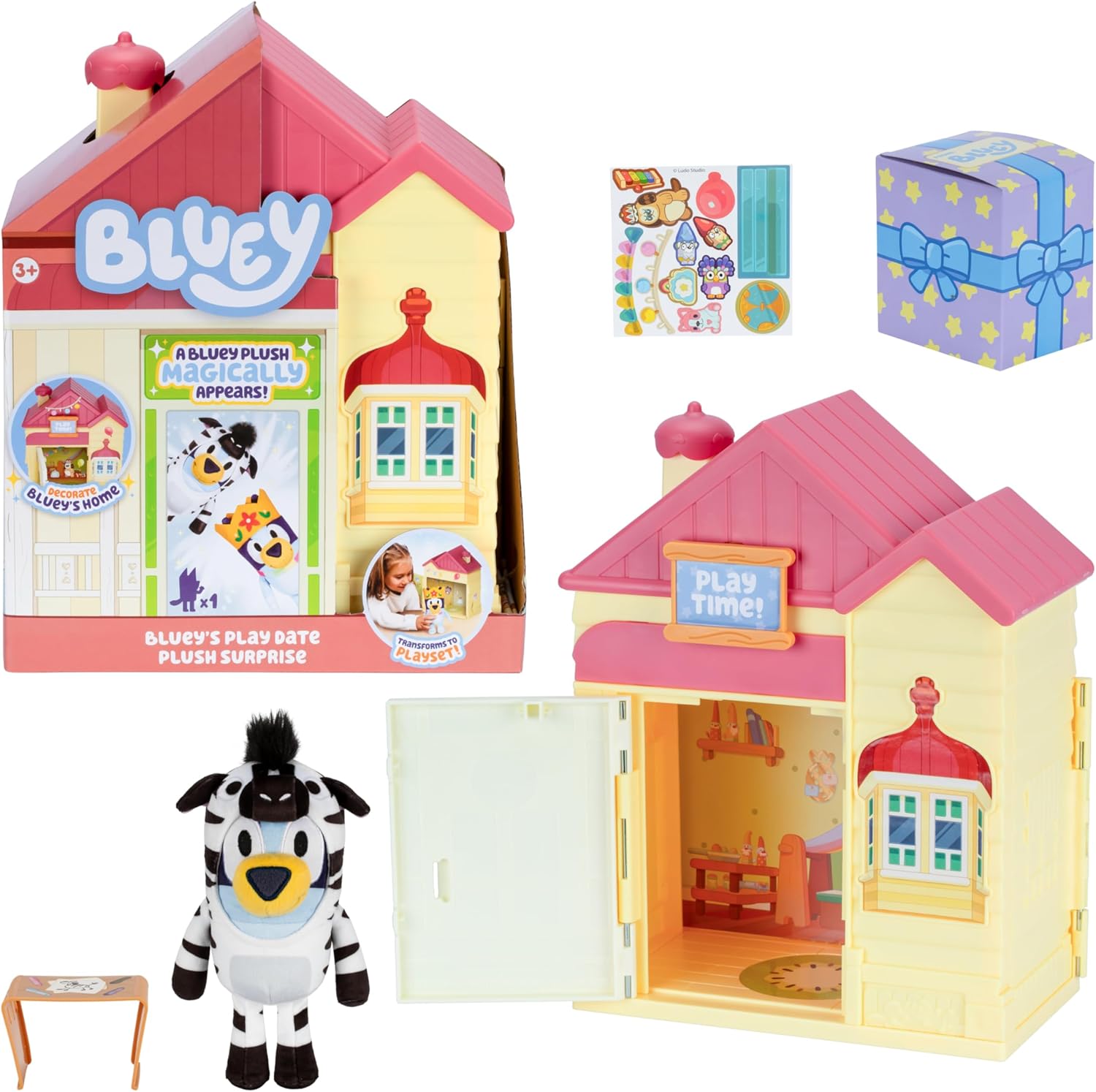 Bluey Play Date Plüsch Überraschung, Haus mit Aufklebern dekorieren, das Spielzeitschild anbringen, dann die Tür öffnen, damit ein Überraschungsplüsch erscheint, Plüschstil kann variieren
