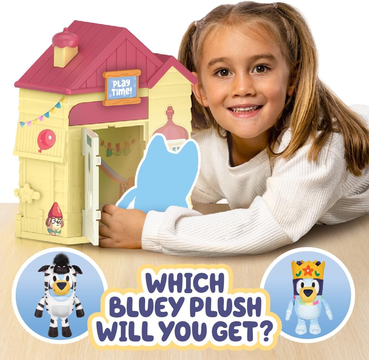 Bluey Play Date Plüsch Überraschung, Haus mit Aufklebern dekorieren, das Spielzeitschild anbringen, dann die Tür öffnen, damit ein Überraschungsplüsch erscheint, Plüschstil kann variieren