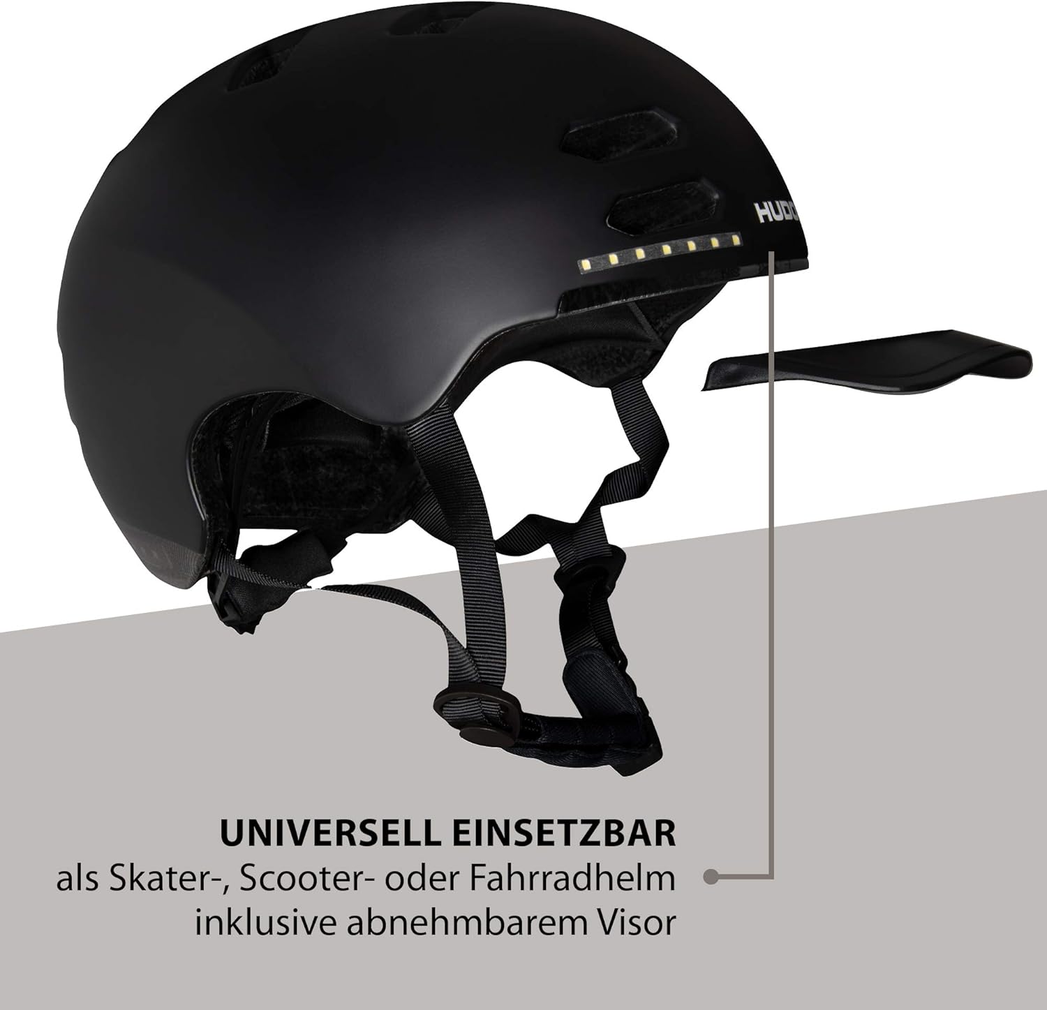 HUDORA Jeugd & volwassenen skaterhelm, mt. M | LED-licht helm | fietshelm met autoknipperlicht & precies passende maataanpassing, zwart, M (55-58 cm