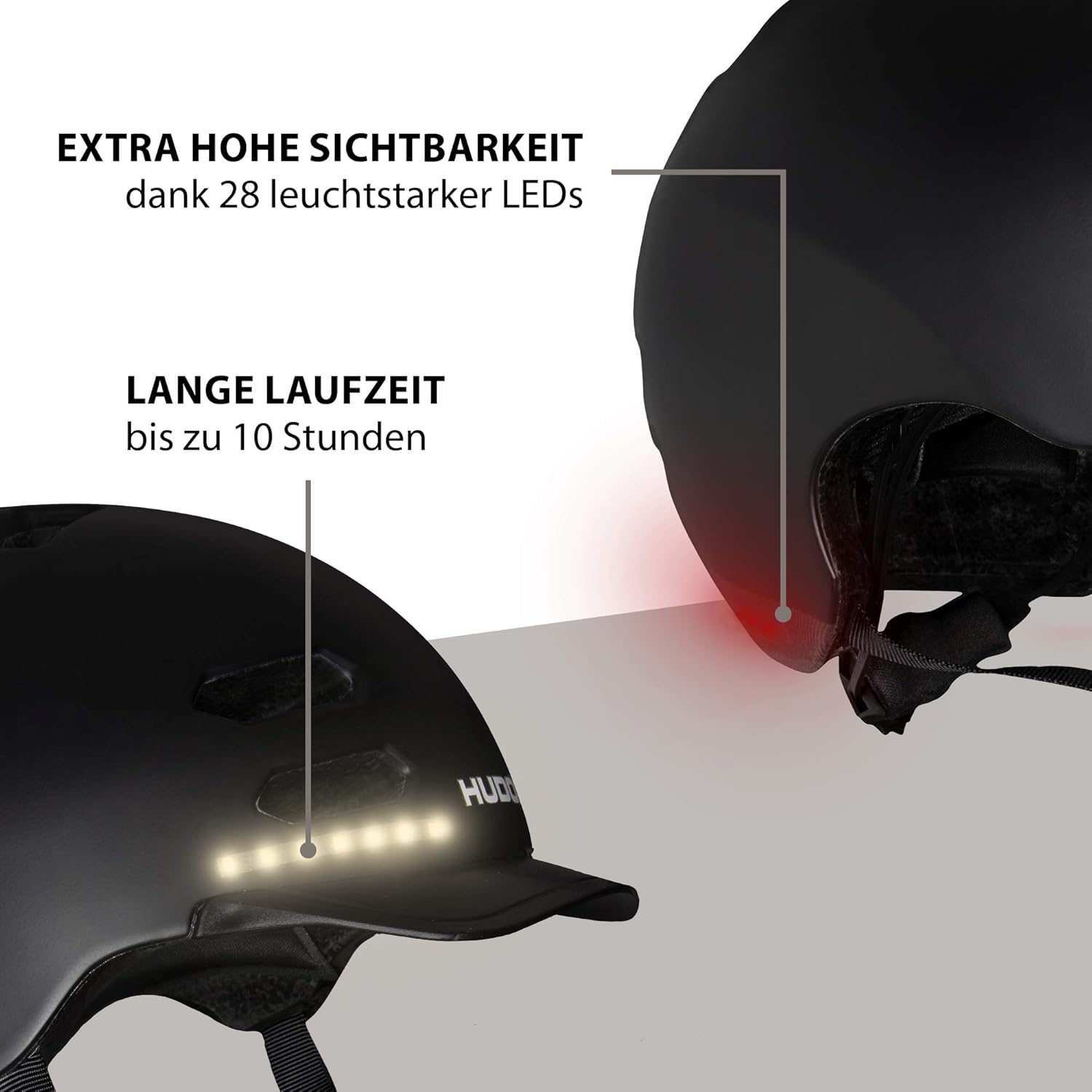 HUDORA Jeugd & volwassenen skaterhelm, mt. M | LED-licht helm | fietshelm met autoknipperlicht & precies passende maataanpassing, zwart, M (55-58 cm