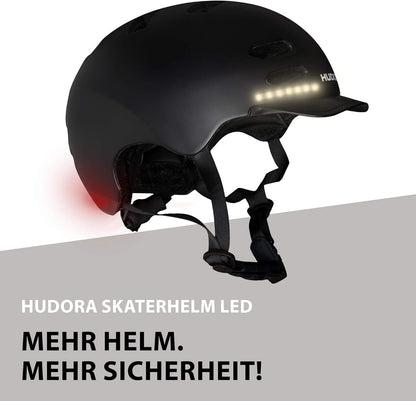 Hudora, casco da skater, per ragazzi e adulti, taglia S, con luce a LED, casco da bicicletta con luce lampeggiante per auto e regolazione su misura, nero, S (53-55 cm