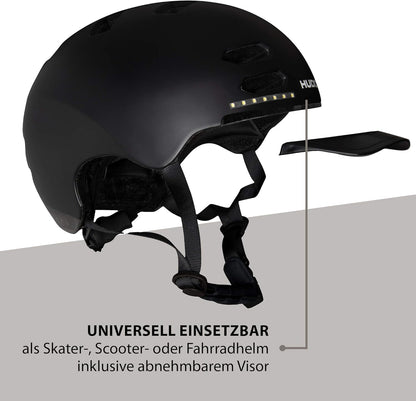 Hudora, casco da skater, per ragazzi e adulti, taglia S, con luce a LED, casco da bicicletta con luce lampeggiante per auto e regolazione su misura, nero, S (53-55 cm