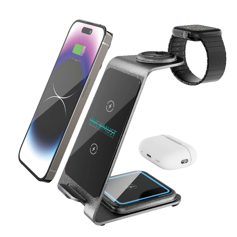 OVERMUST - Caricatore Wireless 3 in 1 | Ricarica Magnetica per iPhone, Samsung, AirPods, Apple Watch | Design Compatto 130x72x99mm | Superficie Antiscivolo | Ventilazione Efficiente