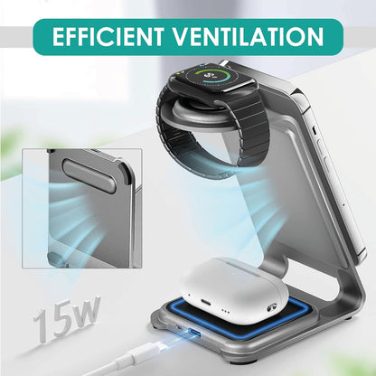 OVERMUST - Caricatore Wireless 3 in 1 | Ricarica Magnetica per iPhone, Samsung, AirPods, Apple Watch | Design Compatto 130x72x99mm | Superficie Antiscivolo | Ventilazione Efficiente