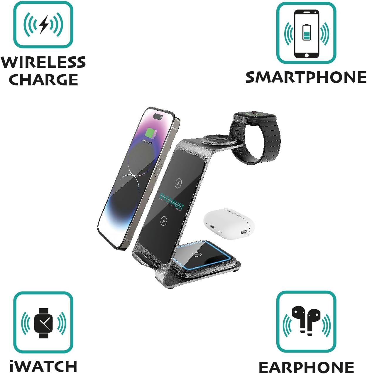 OVERMUST - Caricatore Wireless 3 in 1 | Ricarica Magnetica per iPhone, Samsung, AirPods, Apple Watch | Design Compatto 130x72x99mm | Superficie Antiscivolo | Ventilazione Efficiente