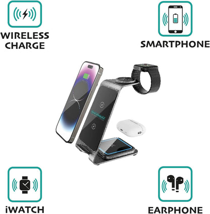 OVERMUST - Caricatore Wireless 3 in 1 | Ricarica Magnetica per iPhone, Samsung, AirPods, Apple Watch | Design Compatto 130x72x99mm | Superficie Antiscivolo | Ventilazione Efficiente