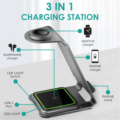 OVERMUST - Caricatore Wireless 3 in 1 | Ricarica Magnetica per iPhone, Samsung, AirPods, Apple Watch | Design Compatto 130x72x99mm | Superficie Antiscivolo | Ventilazione Efficiente