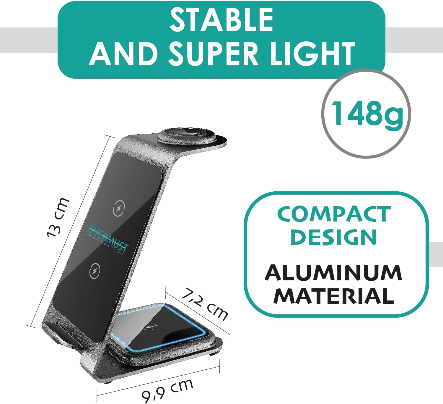 OVERMUST - Caricatore Wireless 3 in 1 | Ricarica Magnetica per iPhone, Samsung, AirPods, Apple Watch | Design Compatto 130x72x99mm | Superficie Antiscivolo | Ventilazione Efficiente