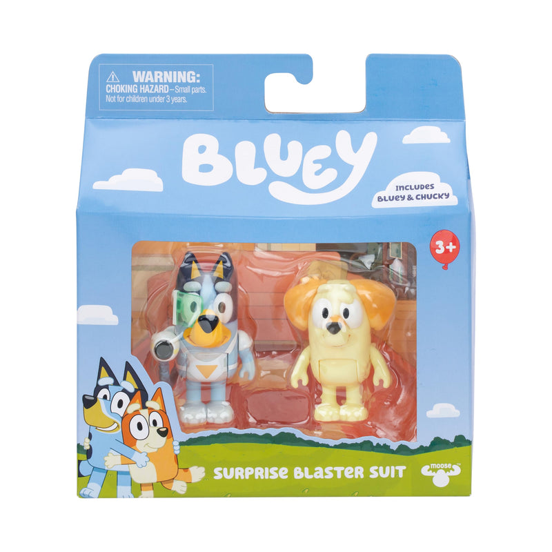 Bluey Figure 2-Pack - Surprise Blaster Suit Pack, 2.5 inch / 6.35 cm Figures of Bluey and Neighbor Chucky, Recreate Favorite Moments