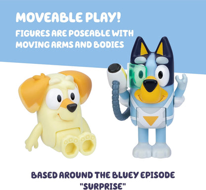 Bluey Figure 2-Pack - Surprise Blaster Suit Pack, 2.5 inch / 6.35 cm Figures of Bluey and Neighbor Chucky, Recreate Favorite Moments