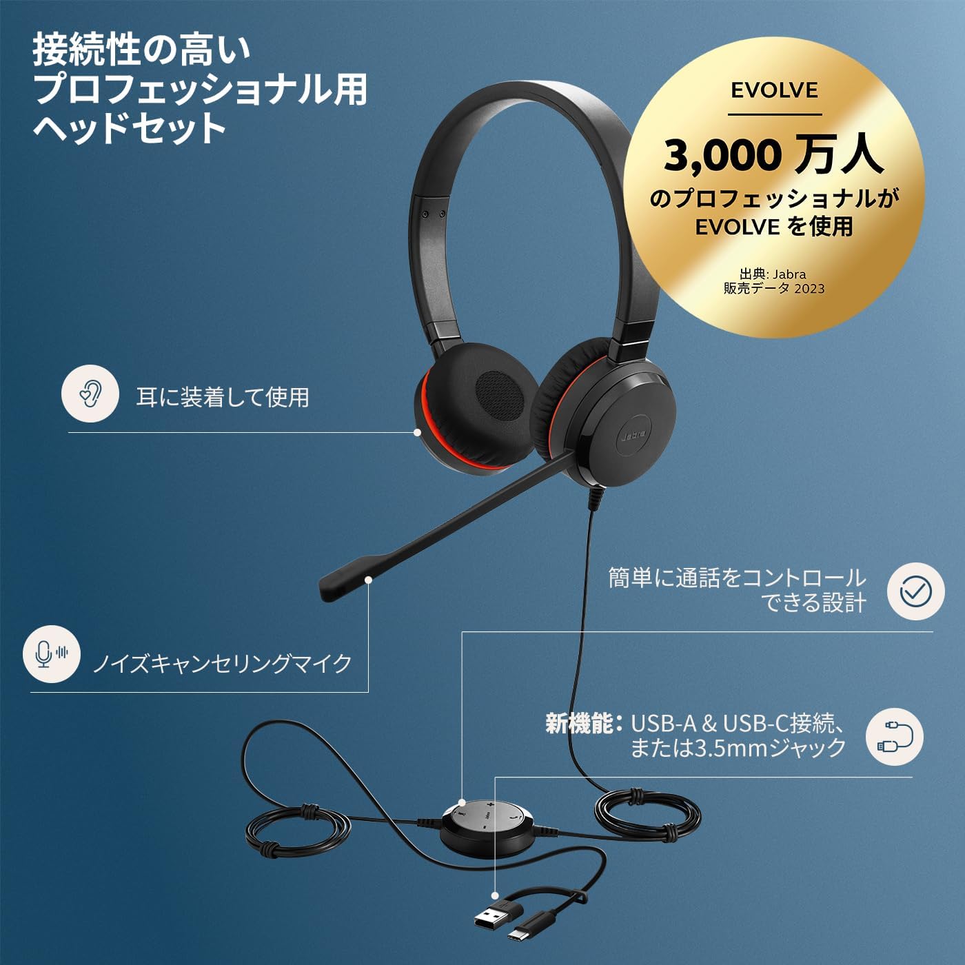 Jabra Evolve 30 II, Unified Communications Certified Stereo Corded Headset with Call Control Unit, Noise-cancelling microphone, LED indicators, excellent sound quality - USB-C/A, Black