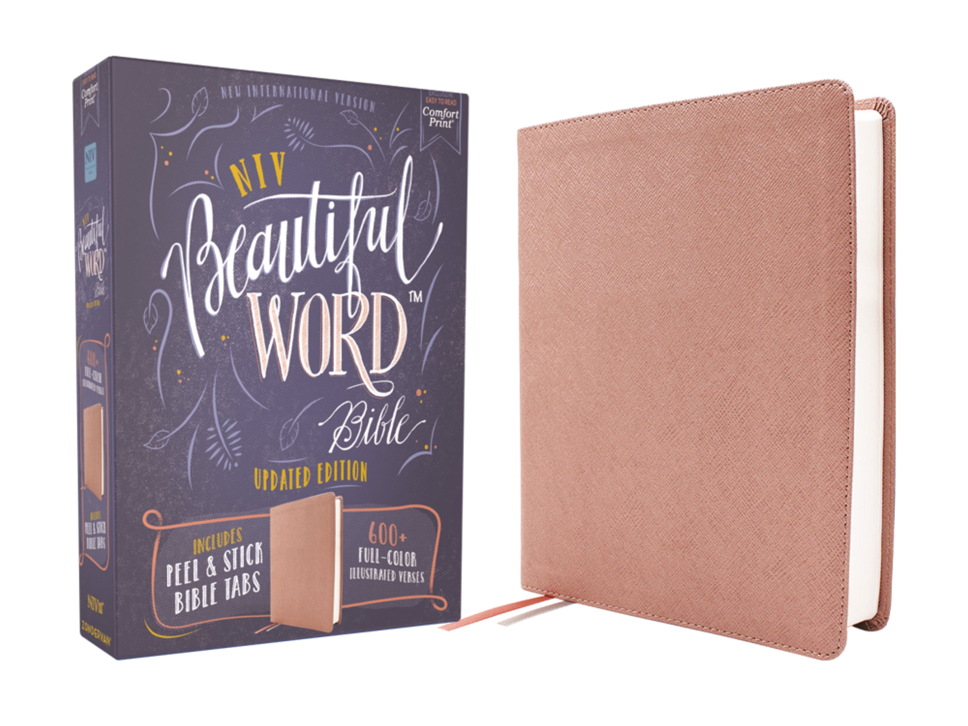 NIV, Beautiful Word Bible, Updated Edition, Peel/Stick Bible Tabs, Leathersoft, Pink, Red Letter, Comfort Print