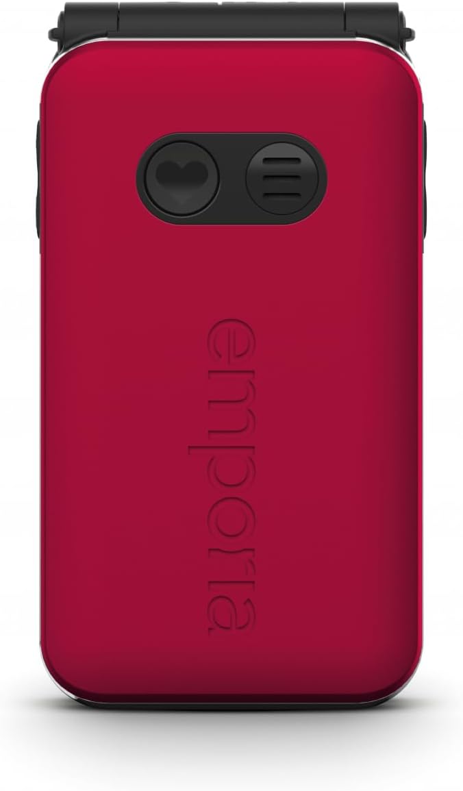 Emporia JOY Flip Mobile Phone, ideal for the elderly, large 2.8" screen, external screen for caller ID, 2MP camera, charging cradle included, unlocked. easy to use - Red