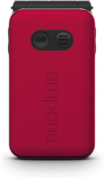 Emporia JOY Flip Mobile Phone, ideal for the elderly, large 2.8" screen, external screen for caller ID, 2MP camera, charging cradle included, unlocked. easy to use - Red