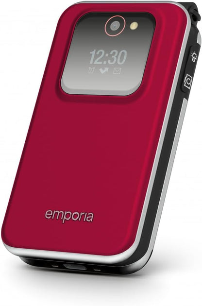 Emporia JOY Flip Mobile Phone, ideal for the elderly, large 2.8" screen, external screen for caller ID, 2MP camera, charging cradle included, unlocked. easy to use - Red