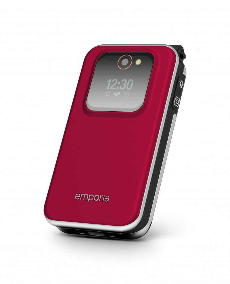Emporia JOY Flip Mobile Phone, ideal for the elderly, large 2.8" screen, external screen for caller ID, 2MP camera, charging cradle included, unlocked. easy to use - Red