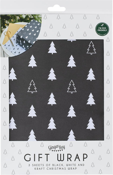 Wrap - Merry Christmas Tree Print - Black, Whit N
