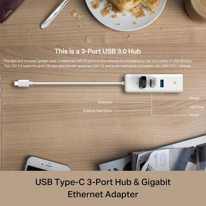 USB Type-C 3-Port Hub Gigabit Ethernet Adapter Enhanced Stability and Compatibility Ready to Use (UE330C