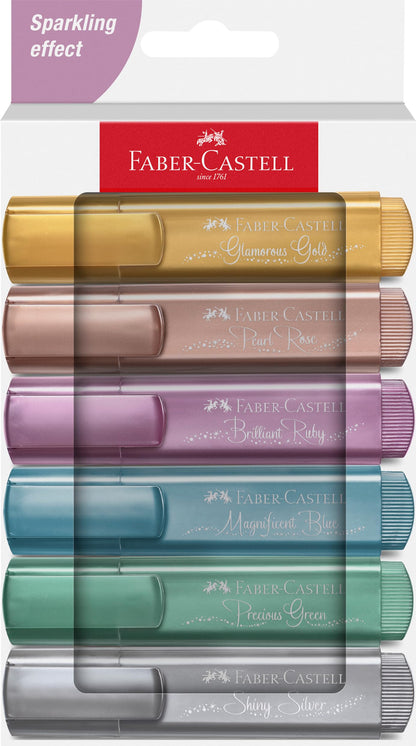 Faber-Castell 254676 Set di 6 Evidenziatori Metallizzati, Punta a Scalpello di Precisione, Set Evidenziatori Colorati, Design Ergonomico Piatto