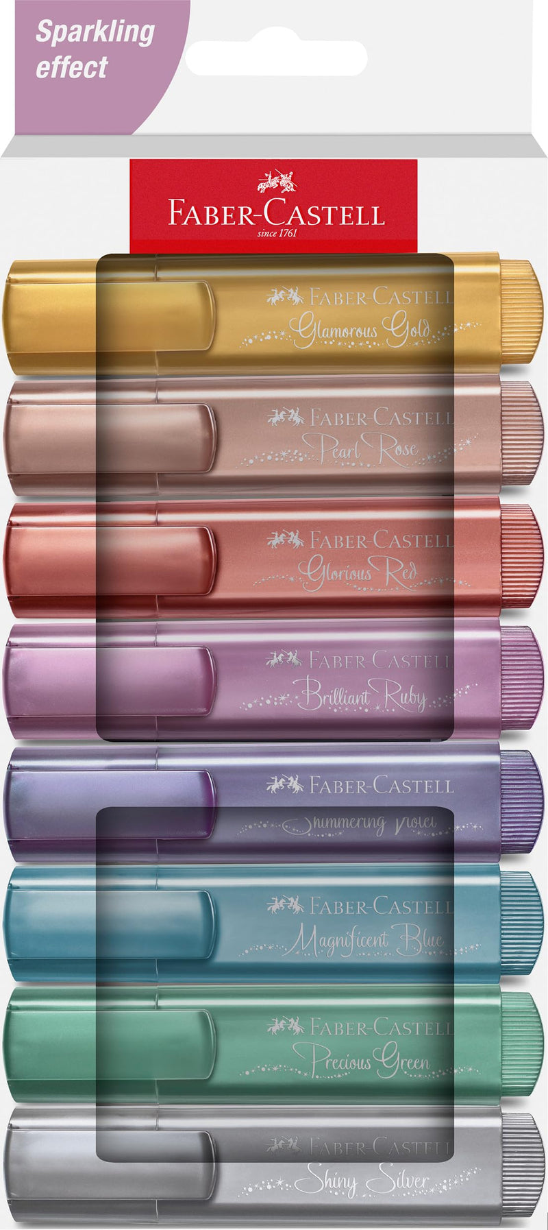 Faber-Castell 254678 Highlighter Set 46, Pack of 8, Metallic Colours, with Durable Chisel Tip, Line Width 1-5 mm, Refillable