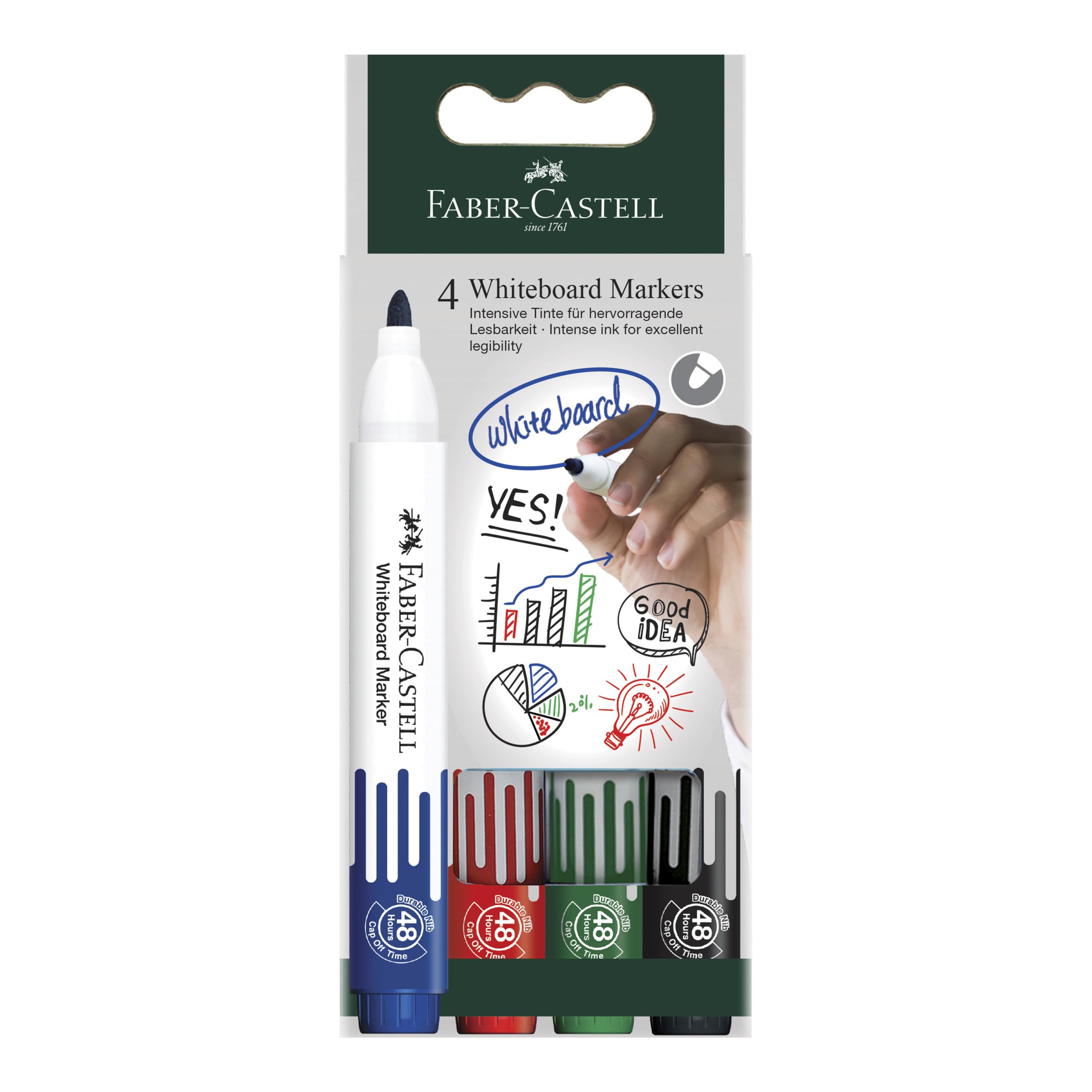 FABER-CASTELL 253942 - Set di pennarelli per lavagna bianca W20, 4 pennarelli per lavagna bianca, cancellabili, punta tonda da 2,25 mm, ricaricabili
