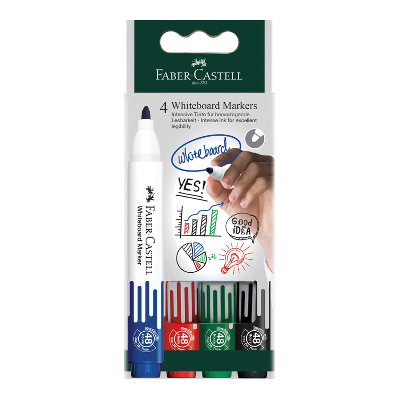 FABER-CASTELL 253942 - Set di pennarelli per lavagna bianca W20, 4 pennarelli per lavagna bianca, cancellabili, punta tonda da 2,25 mm, ricaricabili