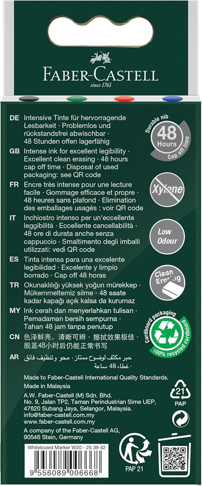 FABER-CASTELL 253942 - Set di pennarelli per lavagna bianca W20, 4 pennarelli per lavagna bianca, cancellabili, punta tonda da 2,25 mm, ricaricabili