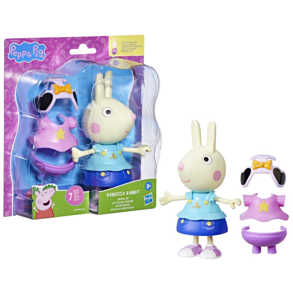 Peppa Pig Rebecca Rabbit Dress-Up Figure, 15 cm Doll with 6 Fashion Accessories, Mix and Match Outfits for Day and Night, Toys for Children Ages 3+, Creative Role Playing Present For Girls & Boys